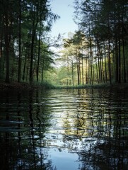 A calm lake in a deep forest, reflecting the surrounding trees and sky