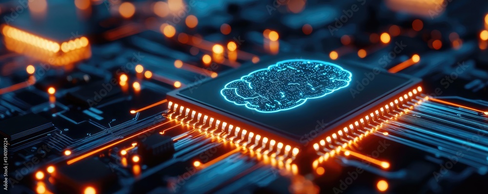 Poster Artificial intelligence database and future computing concept. A futuristic circuit board with an illuminated brain design.