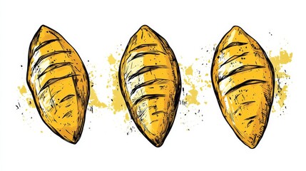 High quality illustration Stylized sweet potatoes with bold outlines in yellow, expressive and artistic