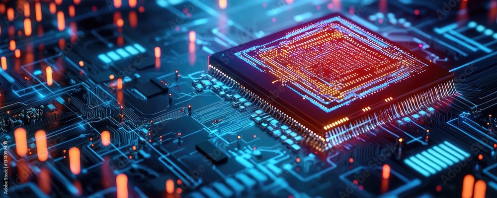 Poster Artificial intelligence database and future computing concept. Close-up of a modern computer chip on a circuit board.