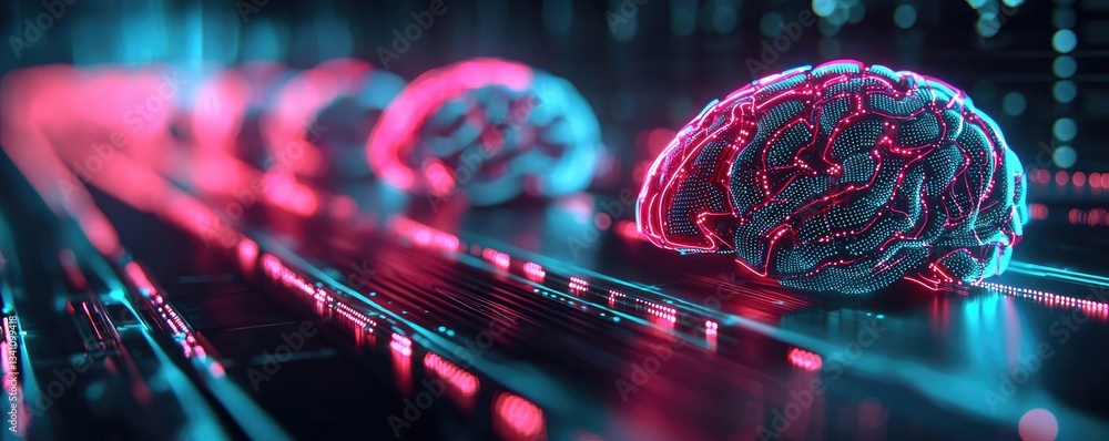Poster artificial intelligence database in cyberspace circuit concept. futuristic depiction of glowing brai