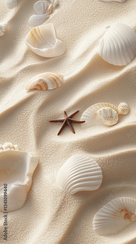 Aufkleber seashells and starfish arranged on textured sand, creating a serene beach scene, showcasing summer, 