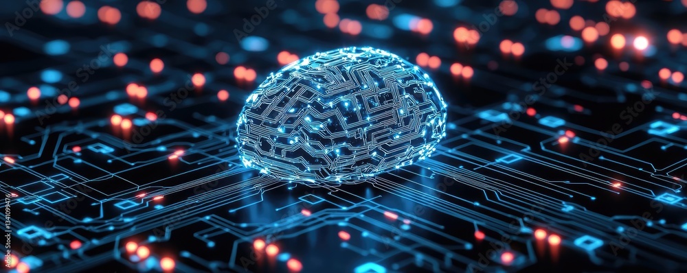 Poster Artificial intelligence database and future computing concept. Abstract digital brain on circuit board with vibrant lights.
