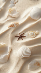 Seashells and starfish arranged on textured sand, creating a serene beach scene, showcasing summer, vacation, and relaxation