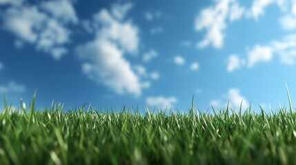 Lush green grass under a partly cloudy blue sky