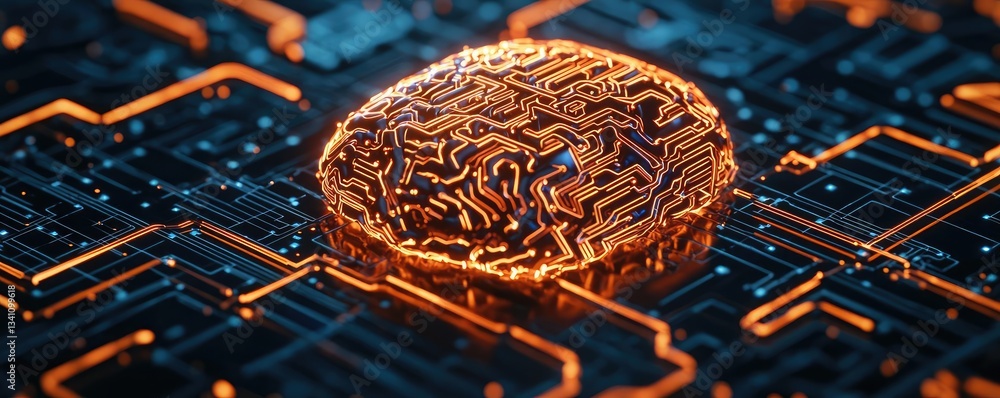 Aufkleber Artificial intelligence data circuit in cyberspace computing concept. Close-up of an intricate, glowing circuit board design.