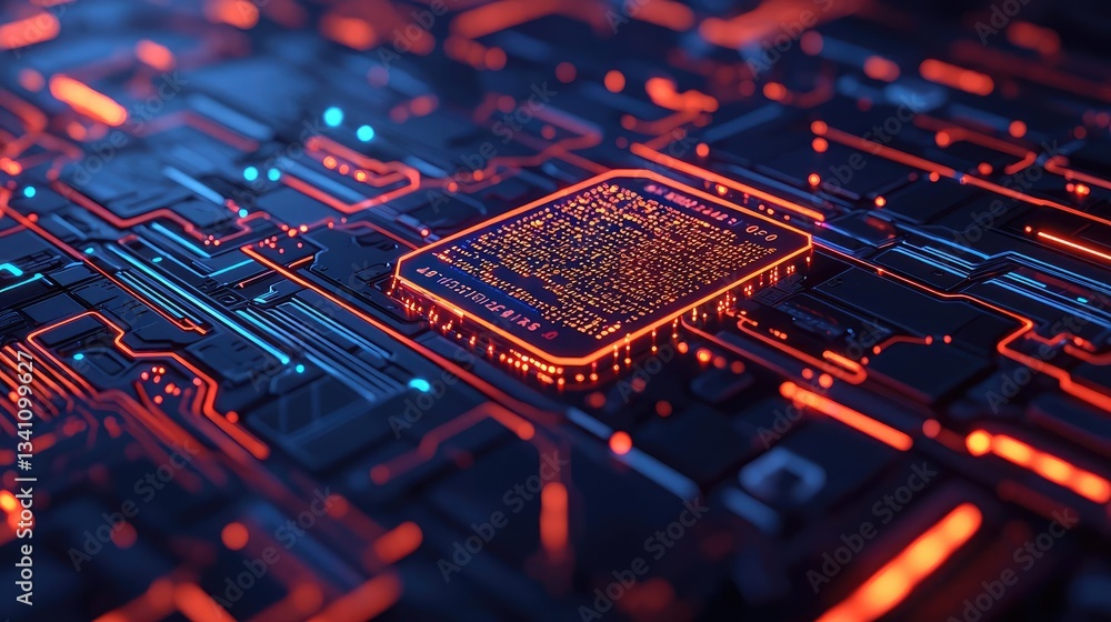 Poster Artificial intelligence database in cyberspace circuit concept. Close-up view of a glowing microchip on a circuit board.