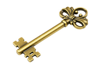 Antique golden key with an ornate decorative bow and a classic key bit isolated on transparent background