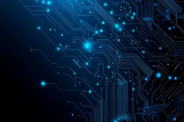 Abstract close-up of a glowing blue digital circuit board, showcasing intricate connections and technological design on a black background.
