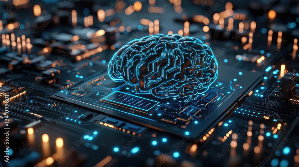 Poster Artificial intelligence data circuit in cyberspace computing concept. Futuristic representation of a brain on a circuit board.