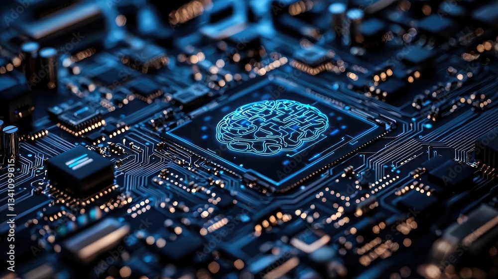Poster Artificial intelligence data circuit in cyberspace computing concept. Close-up of a microchip displaying a digital brain design.