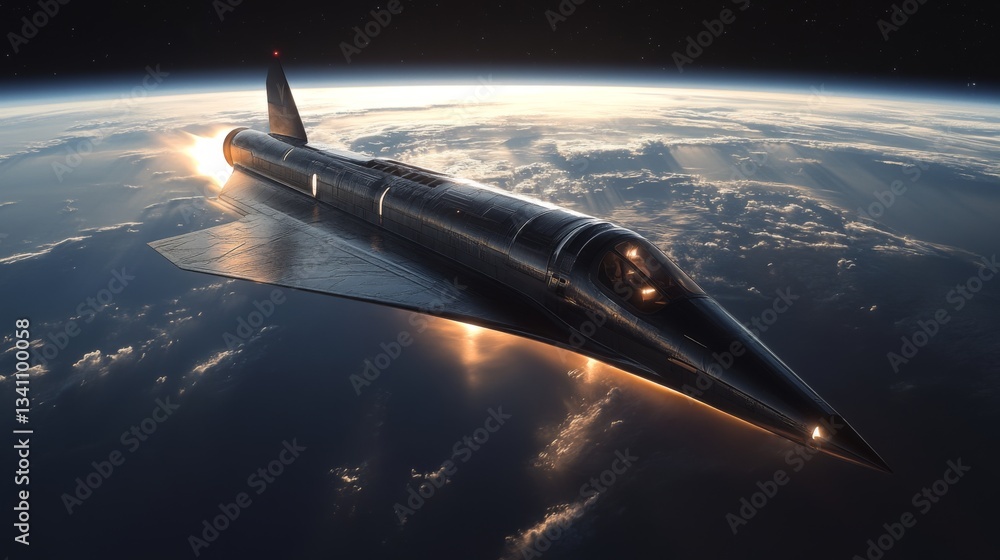 Poster cutting edge hypersonic spaceplane ascends into orbit, utilizing electromagnetic propulsion systems.