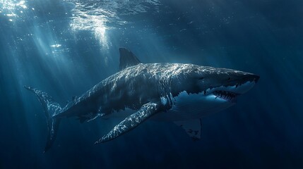 Fototapeta premium Great White Shark Swimming Elegantly Beneath the Ocean Surface Rays