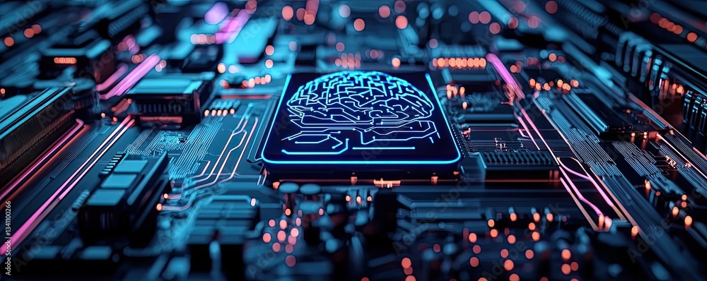 Poster Artificial intelligence database and future computing concept. Futuristic circuit board with glowing brain symbol and lights.