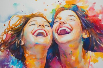 Obraz premium Artistic watercolor portrait of a mother and daughter laughing together