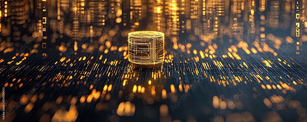 Aufkleber Artificial intelligence database in cyberspace circuit concept. Illuminated digital currency on a dark background with glowing lights.