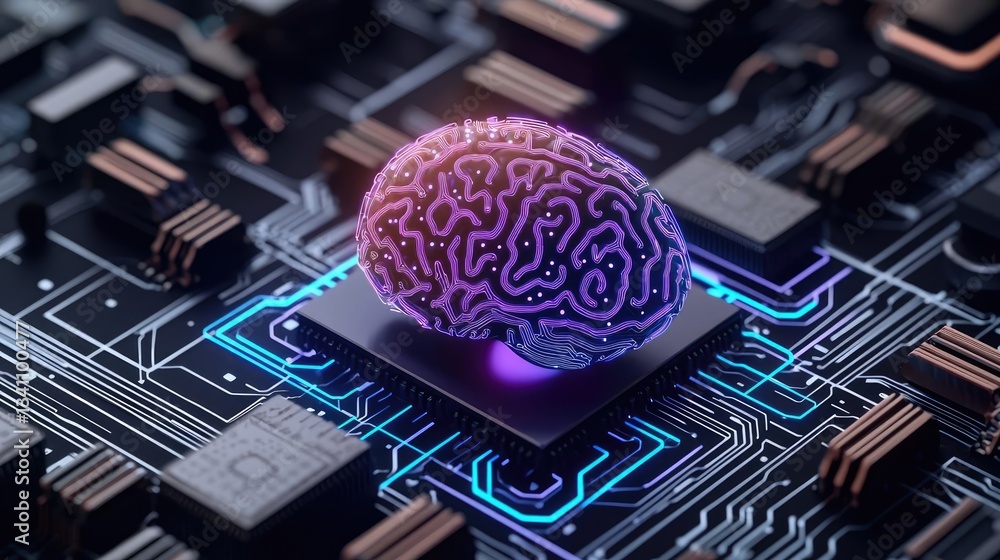 Aufkleber Artificial intelligence database and future computing concept. A digital brain overlaying a computer chip, symbolizing AI.