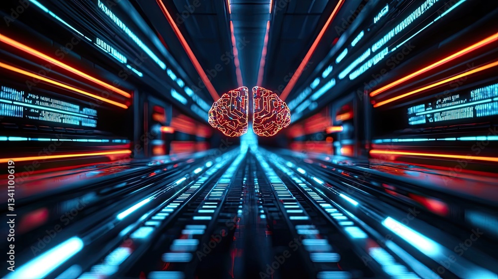 Aufkleber Artificial intelligence database in cyberspace circuit concept. Futuristic brain in a neon-lit digital environment.