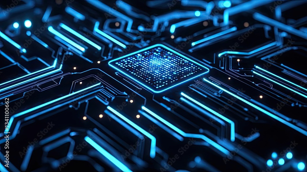 Aufkleber Artificial intelligence database in cyberspace circuit concept. Futuristic circuit board with glowing blue lines and digital patterns.