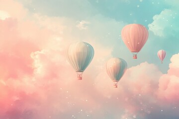 Naklejka premium Pastel Dream: Hot Air Balloons in a Cloudy Sky