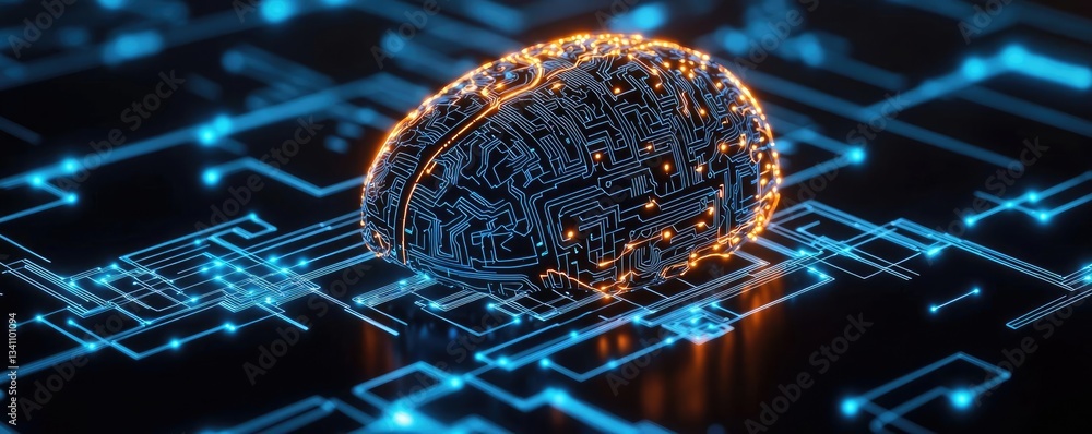 Poster Artificial intelligence database in cyberspace circuit concept. A digital brain representation with glowing circuit patterns.