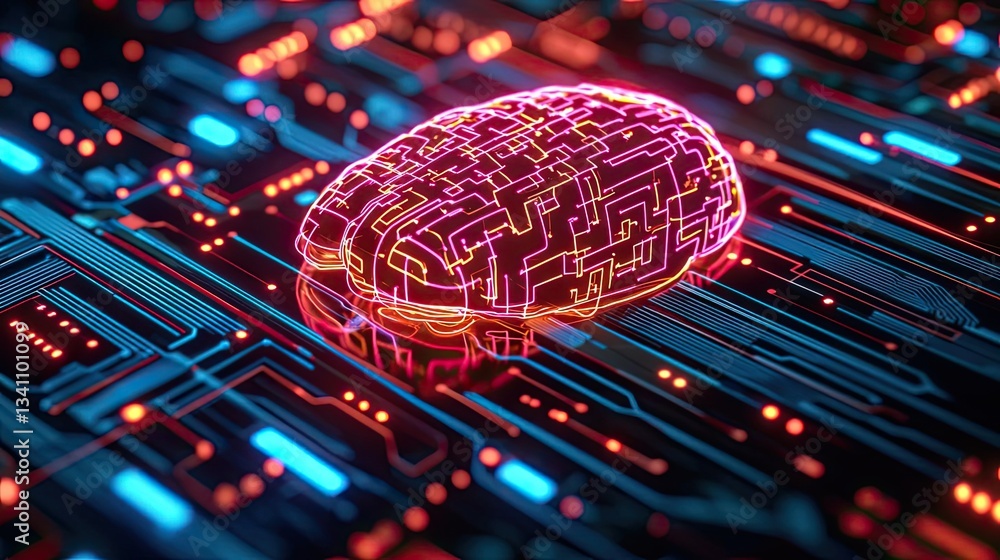 Poster Artificial intelligence data circuit in cyberspace computing concept. Futuristic digital brain concept with neon circuit design.