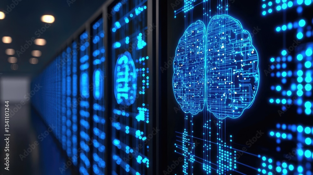 Aufkleber Artificial intelligence database and future computing concept. Futuristic digital brain graphics on a high-tech server wall.