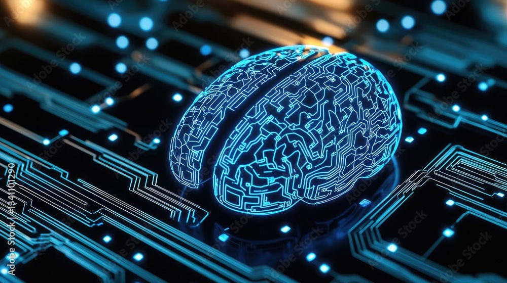 Fototapete Artificial intelligence database and future computing concept. Futuristic brain design on a glowing circuit board backdrop.