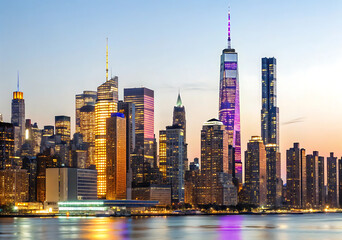 Obraz premium A breathtaking panoramic view of Manhattan’s illuminated skyline at dusk, showcasing towering skyscrapers bathed in golden, blue, and purple hues. The reflective waterfront shimmers with the city's vi