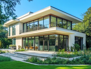 A large white house with a large patio. The house has a lot of windows and a balcony