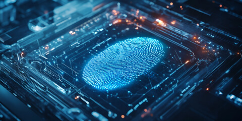 Close-up of Processor with Holographic Fingerprint, High-tech Circuitry, Digital Security Concept
