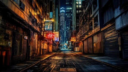 Fototapeta premium A night-time urban scene with towering skyscrapers, their neon signs flickering chaotically