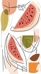 Line art of watermelon slices with geometric accents in brown, playful and fun High quality illustration