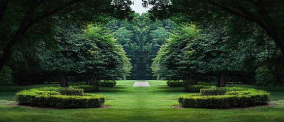 A perfectly symmetrical and meticulously organized garden, with identical trees, flowers, and pathways