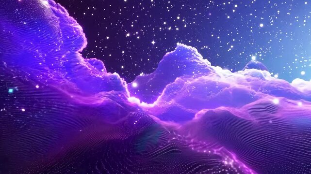 pixel clouds on dark purple sky, pixelated constellations, glowing dots, retro 8-bit art, digital art, magical feel, dreamy tones
