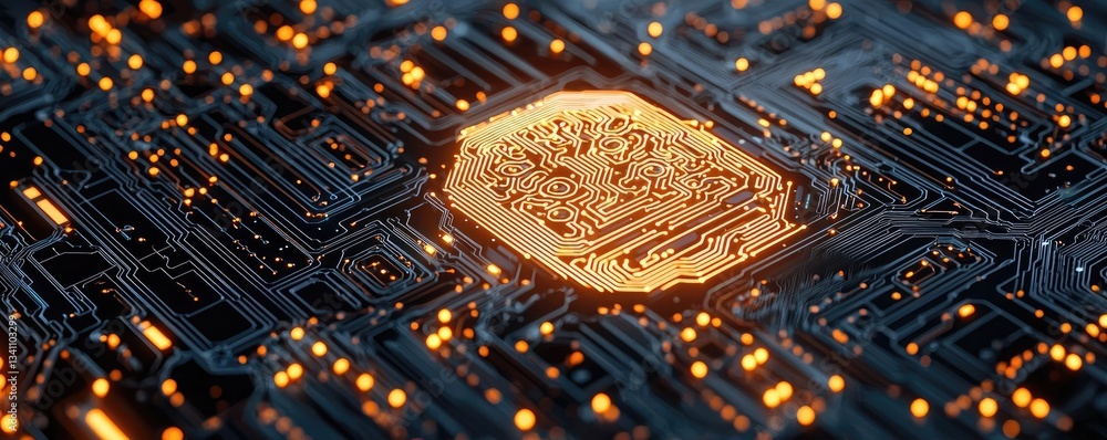 Poster Artificial intelligence database and future computing concept. Close-up of a futuristic circuit board with glowing details.