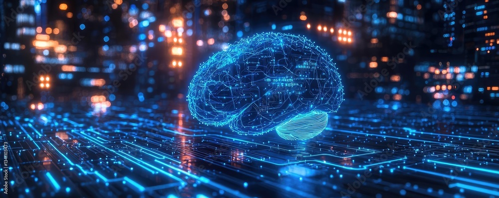 Poster Artificial intelligence data circuit in cyberspace computing concept. Digital brain with data flow representing advanced technology.