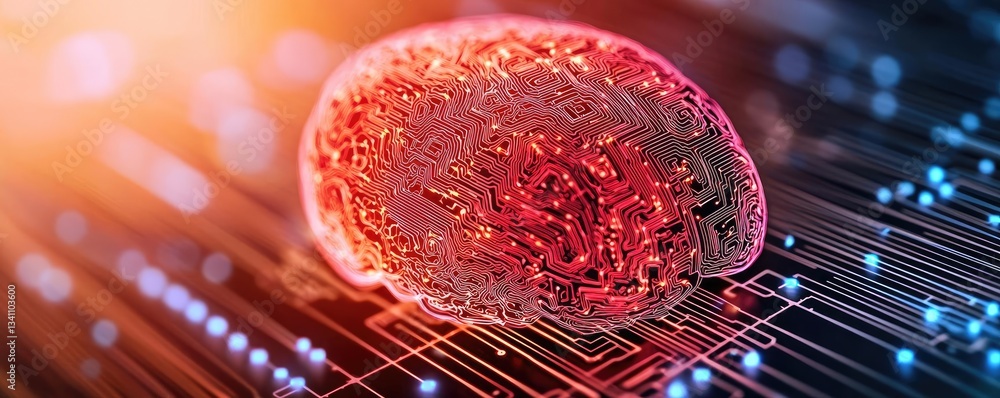 Poster Artificial intelligence database and future computing concept. Abstract illustration of a brain on a digital background.