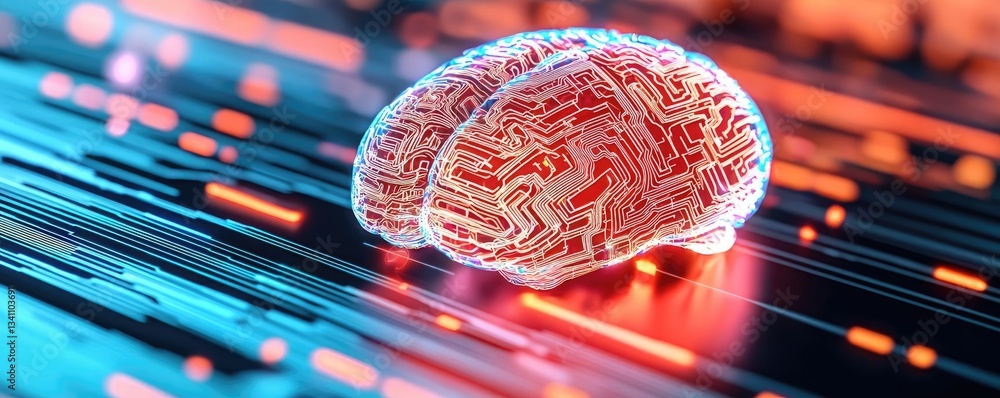 Aufkleber Artificial intelligence database in cyberspace circuit concept. Futuristic brain illustration with circuit patterns and neon lights.