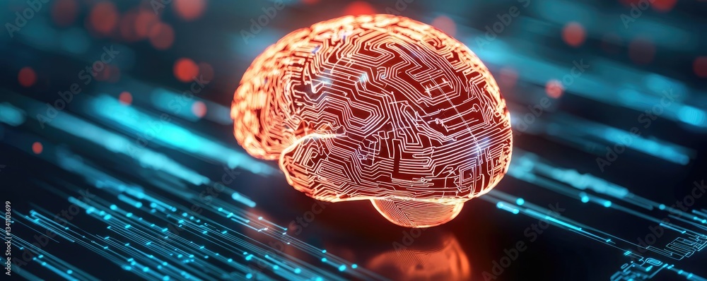 Poster Artificial intelligence database in cyberspace circuit concept. An illuminated brain with circuit patterns showcasing technology.