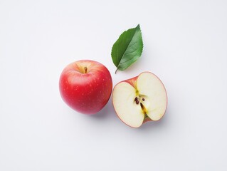 Red Apple Whole and Halved on White Background