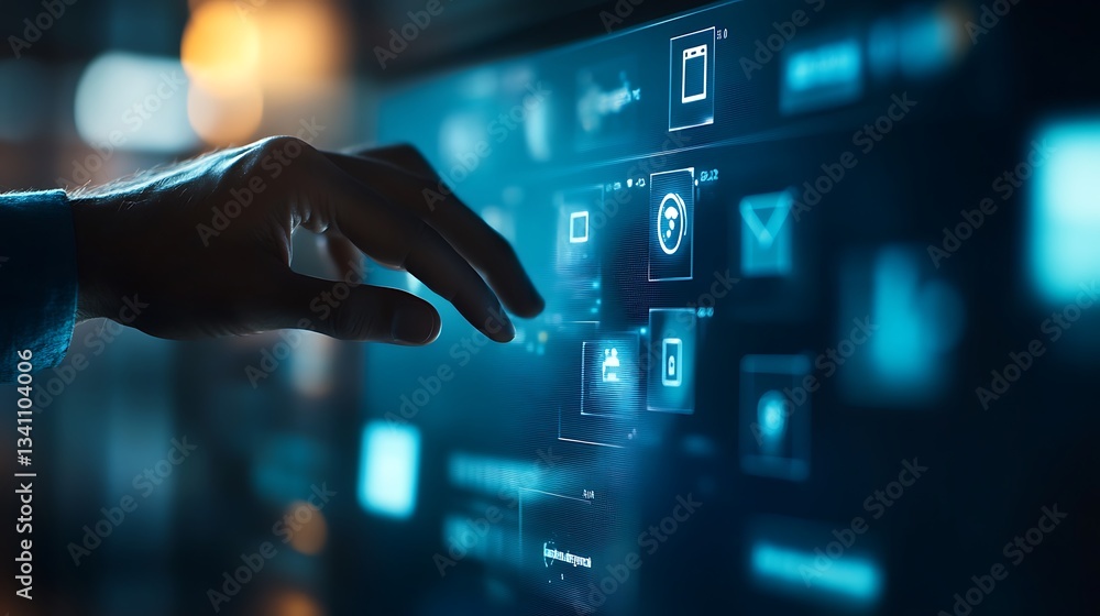 Fototapete Business man clicking internet search page on computer screen for data browsing concept