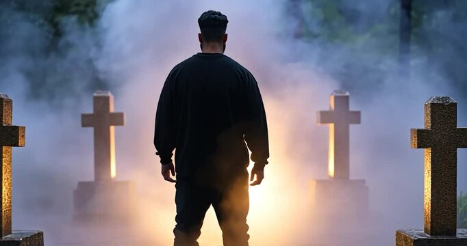Rear view of a person in black clothing standing before four illuminated crosses in a misty cemetery setting surrounded by trees