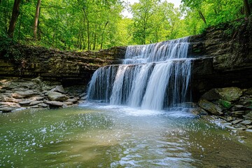 Serene waterfall cascading into a tranquil pool amidst lush forest