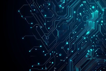 Abstract close-up of a glowing blue digital circuit board, showcasing intricate connections and technological design on a black background.
