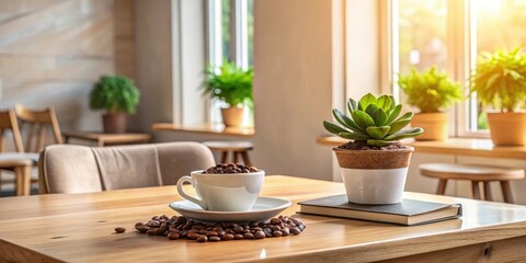 Aromatic Coffee Beans Resting on a Wooden Table Next to a Succulent Plant and a Book in a Sunny Cafe Setting