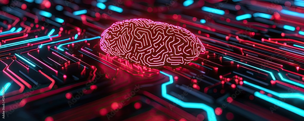 Poster Artificial intelligence database and future computing concept. Abstract representation of a brain on a circuit board.