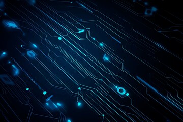 Abstract close-up of a glowing blue digital circuit board, showcasing intricate connections and technological design on a black background.
