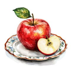 Watercolor big Fresh red apple on plate Front View. Traditional Persian New Year Hyacinth, isolated on a white background. Nowruz vector design set