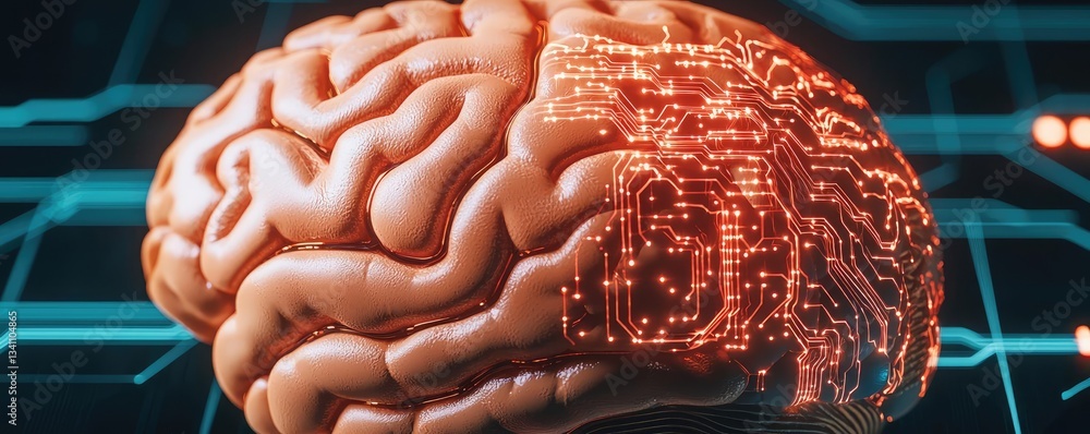Poster Artificial intelligence database and future computing concept. Conceptual representation of a brain with digital circuitry.